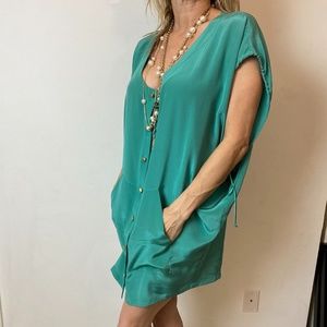 Boulee silk shift dress w gold buttons scoop neck